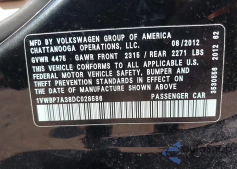 2013 Volkswagen Passat 2.5L Se from USA, damaged, VIN 1VWBP7A38DC028586